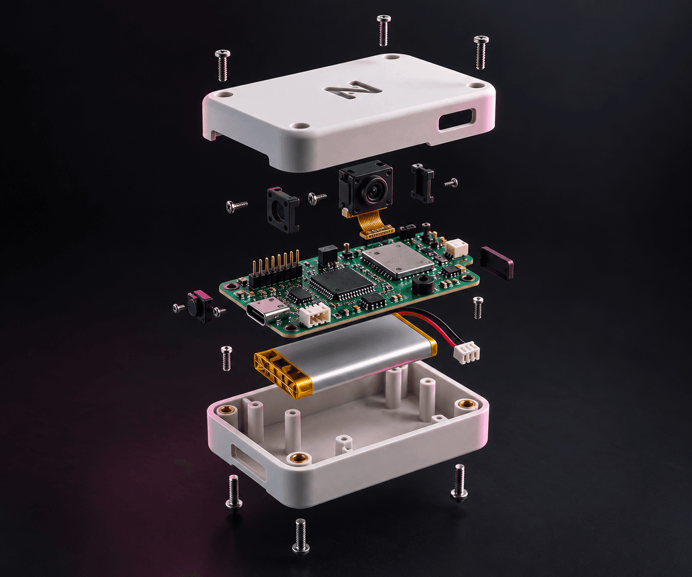 Exploded view of a NexivoLabs camera device: 3D-printed enclosure, main board, camera module and battery