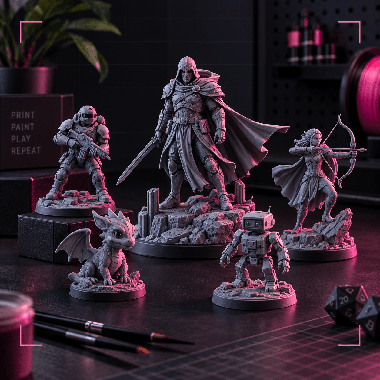 Unpainted tabletop miniatures — a cloaked swordsman, archer, soldier, dragon and robot — with brushes and dice